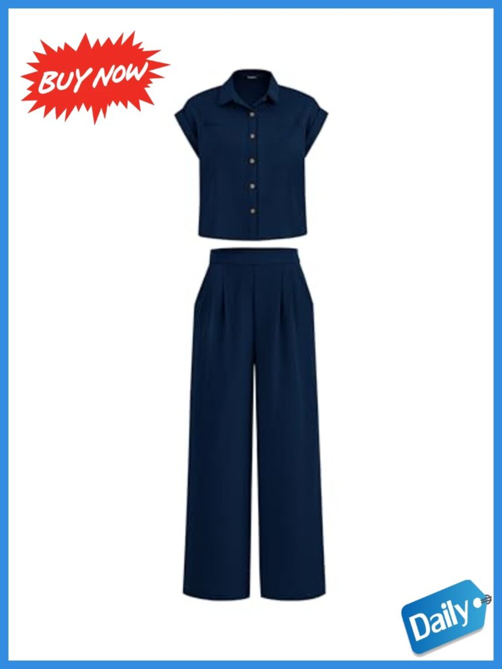 PRETTYGARDEN Women 2 Piece Set Cap Sleeve Button Down Top Wide Leg Pant